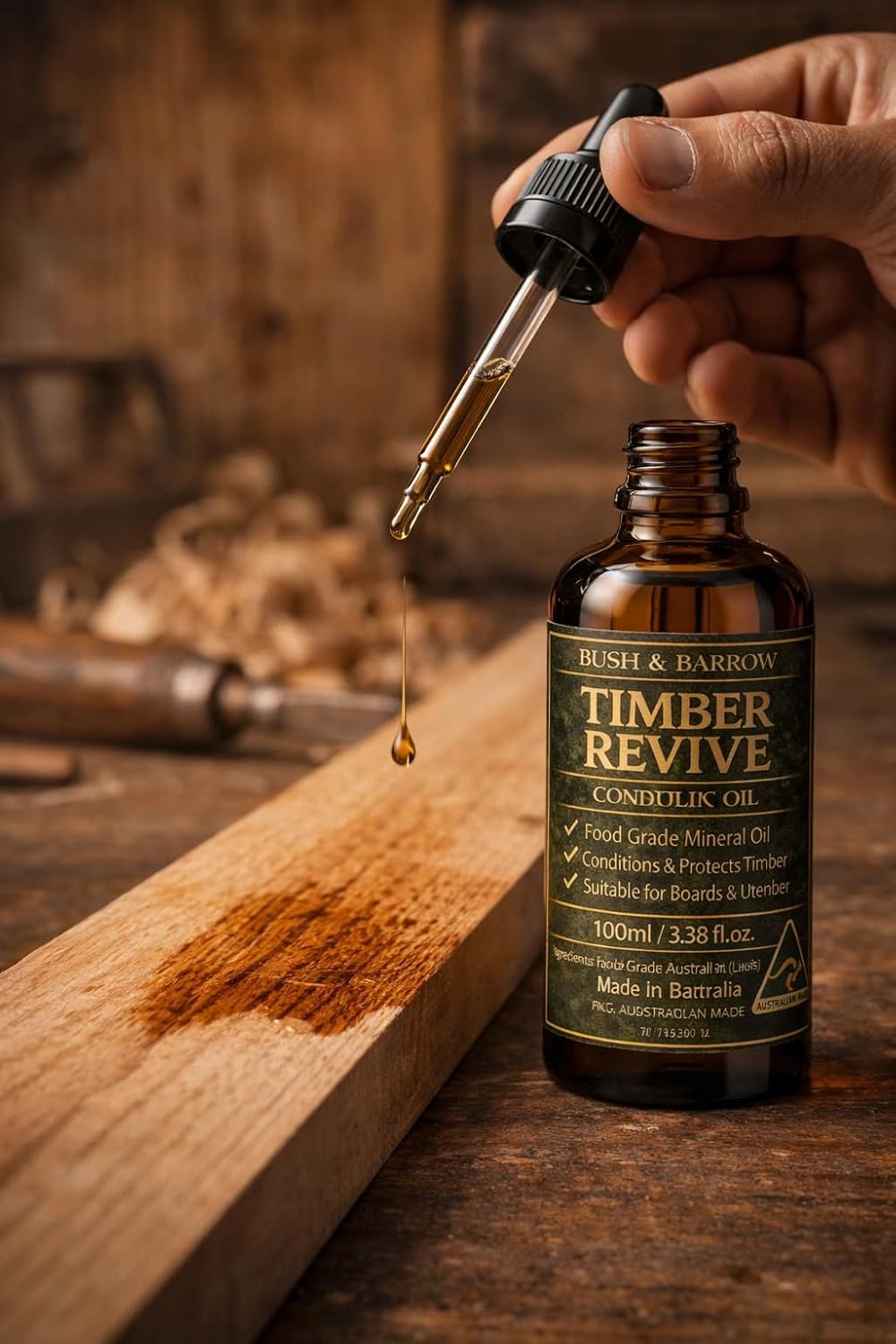 Food safe butcher block oil being dropped from a glass pipette onto dry timber, darkening the grain