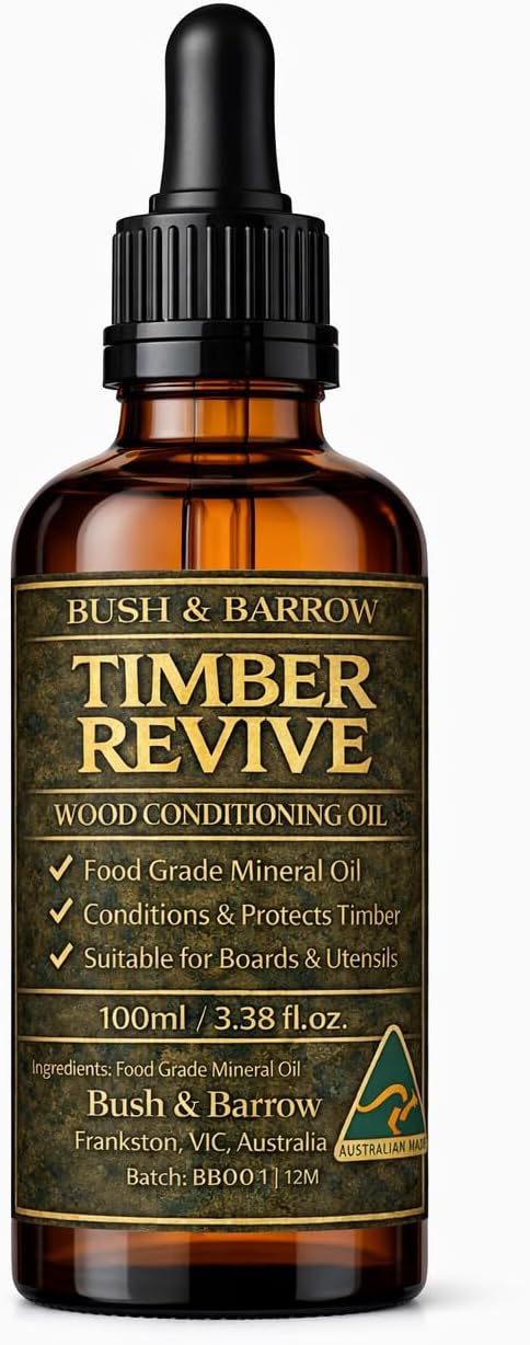 Timber Revive food safe chopping board oil in a 100ml amber glass dropper bottle