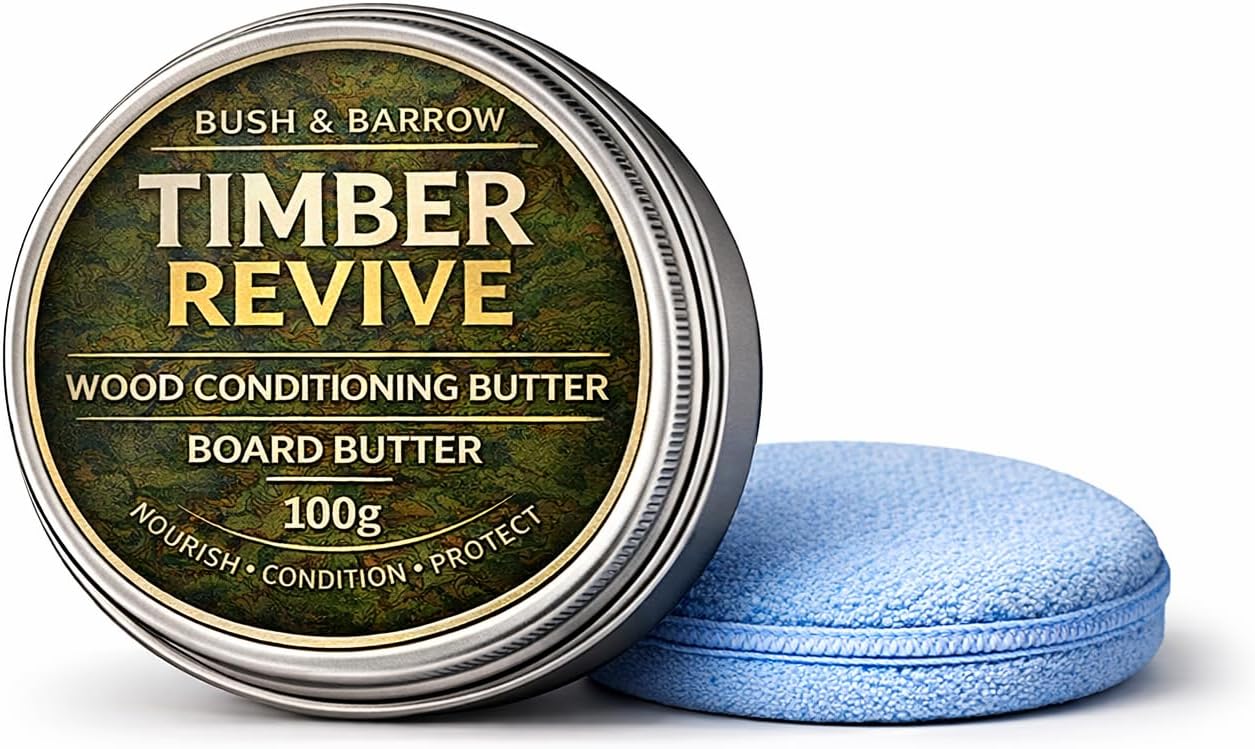 Timber Revive wood conditioning butter 100g tin with microfibre applicator pad on a timber surface
