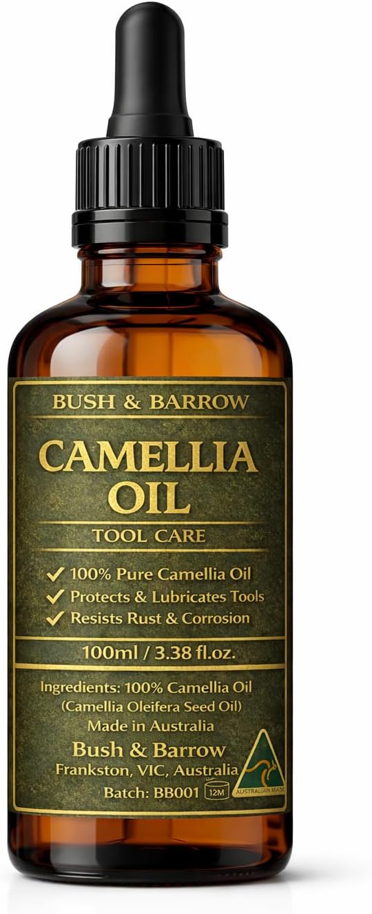Bush & Barrow Camellia Oil tool care in a 100ml amber glass dropper bottle with dark green and gold foil label