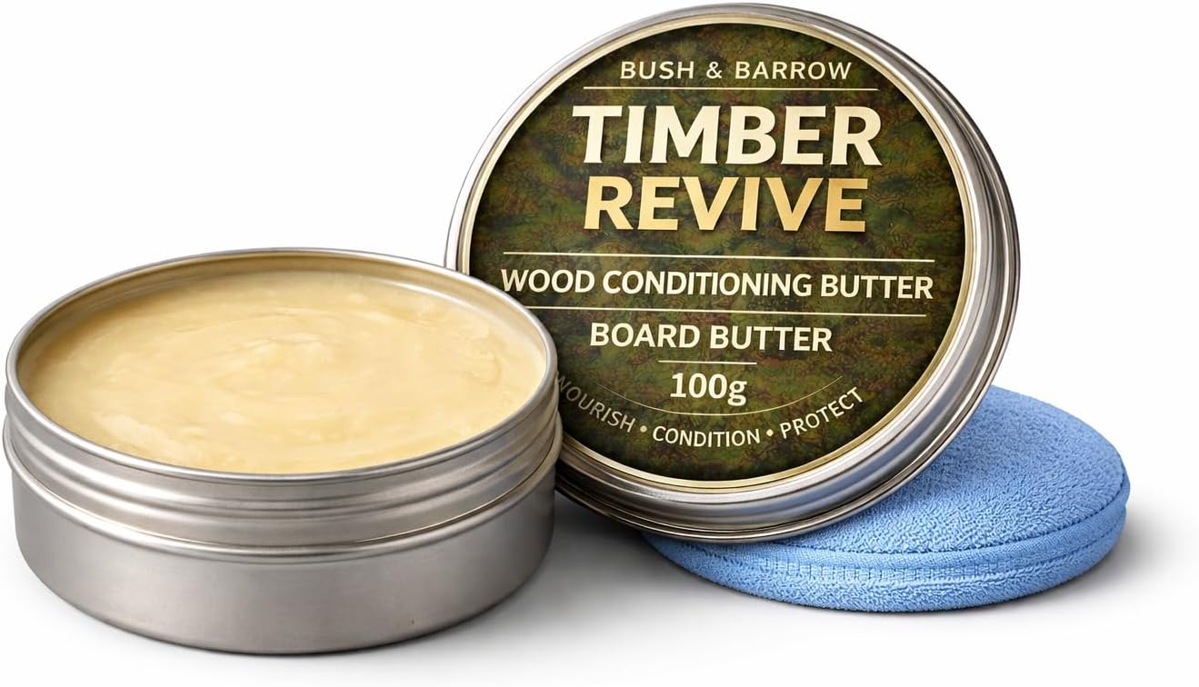 Open tin of Timber Revive wood conditioning butter showing the creamy food safe board butter inside