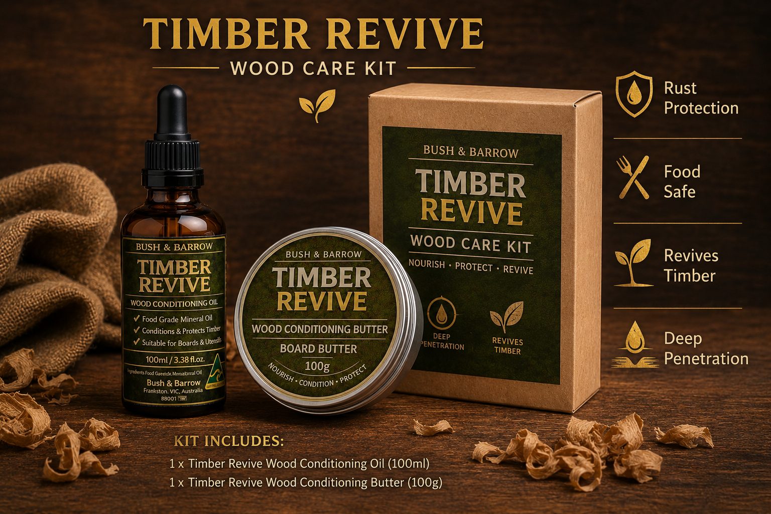 Timber Revive food safe wood care kit with conditioning oil, butter tin and branded kraft gift box