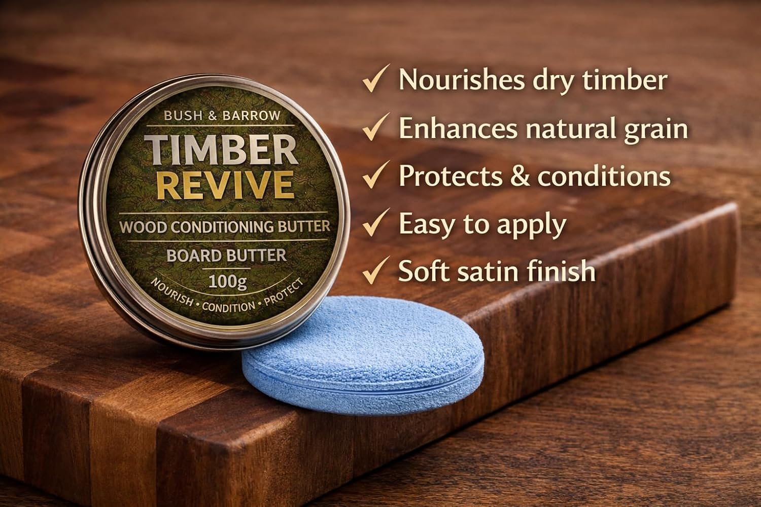 Timber Revive board butter tin resting on a freshly oiled end-grain walnut chopping board