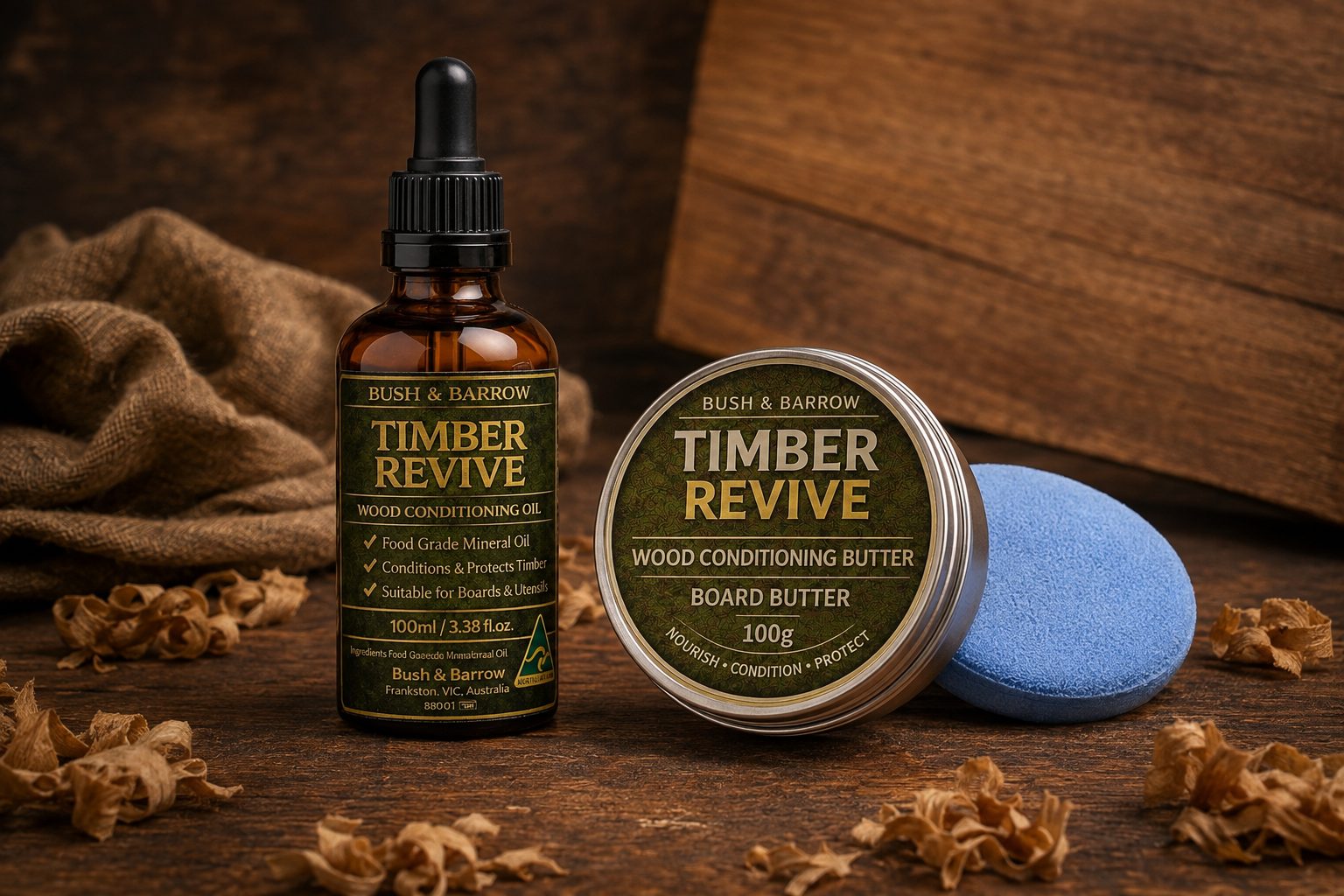 Timber Revive wood conditioning oil bottle and board butter tin side by side on a workshop bench with wood shavings