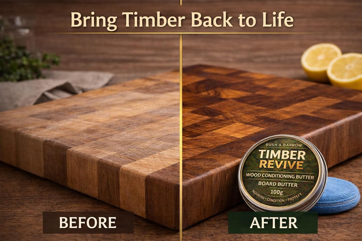 A dry end-grain chopping board before and after Timber Revive board butter