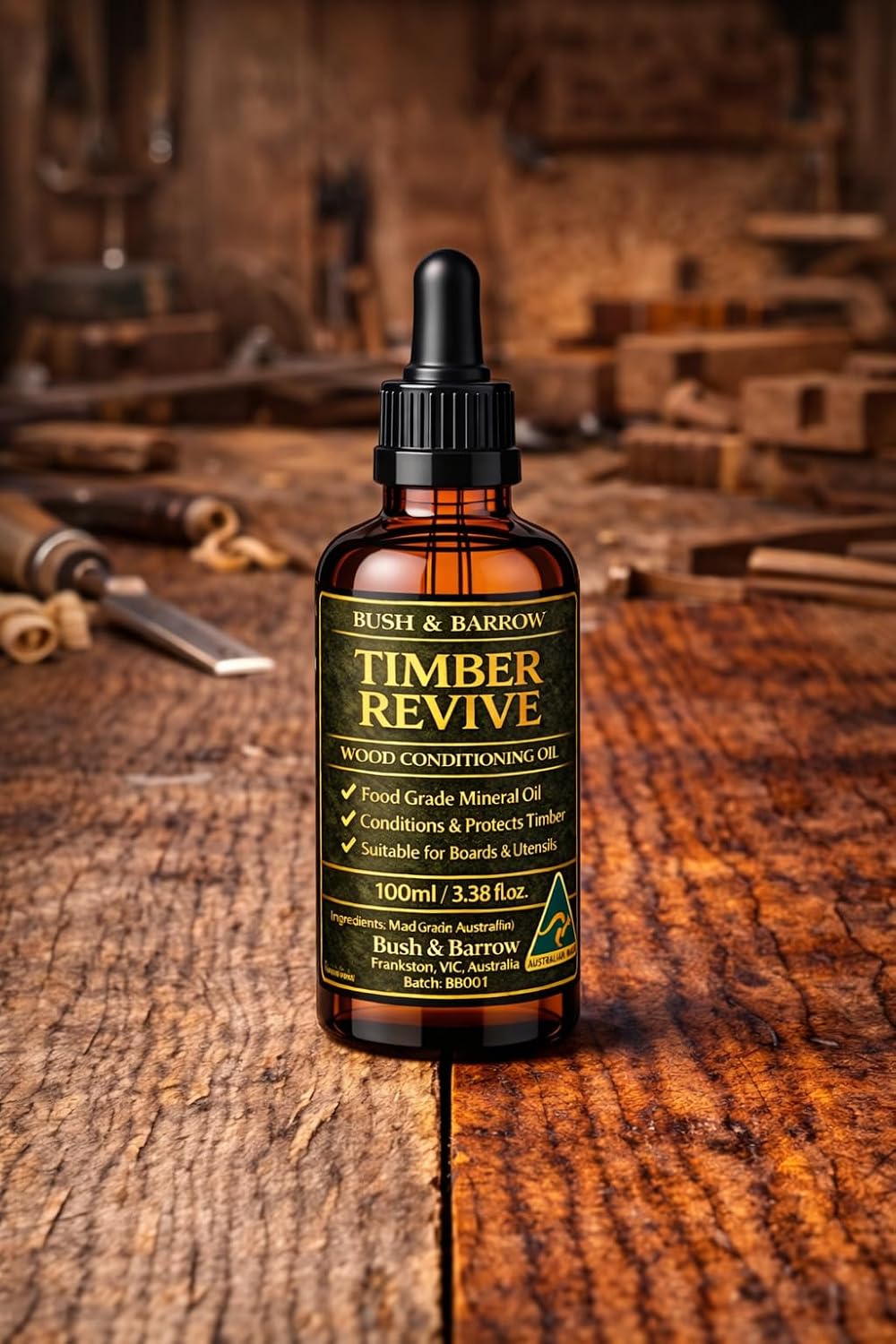 Timber Revive wood conditioning oil bottle standing on a warm timber kitchen workbench